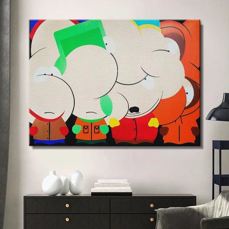 Lifestyle image of the FabFour painting mounted above a sofa in a modern loft setting.
