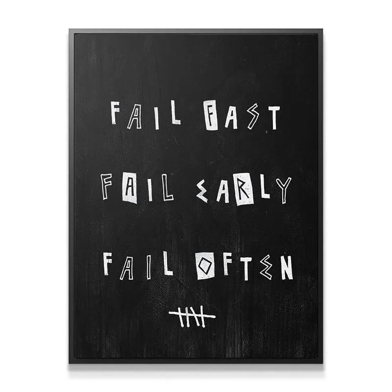 Close-up view of the raw, white typography displaying 'Fail Fast. Fail Early. Fail Often.' on a textured black background.