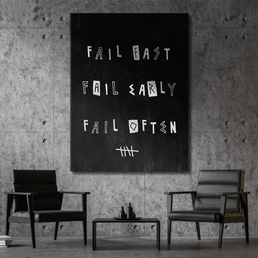 Detail of the chalk-like texture surrounding the letters in the 'Fail Fast. Fail Early. Fail Often.' design.