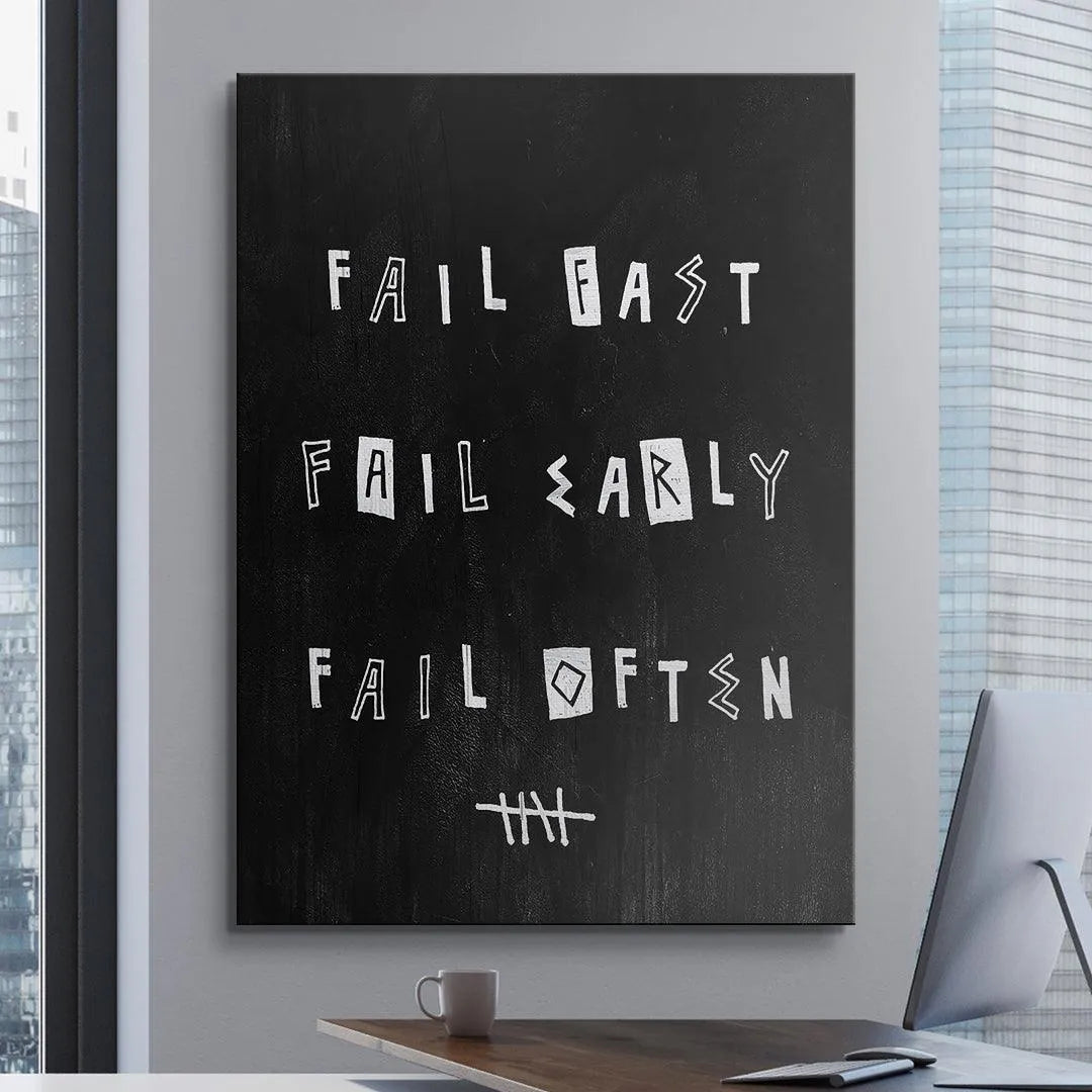 Corner perspective of the canvas print showcasing the entire 'Fail Fast. Fail Early. Fail Often.' message and its deep black matte finish.