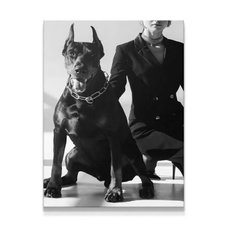 Stylish black and white Doberman and owner full view Family Portrait