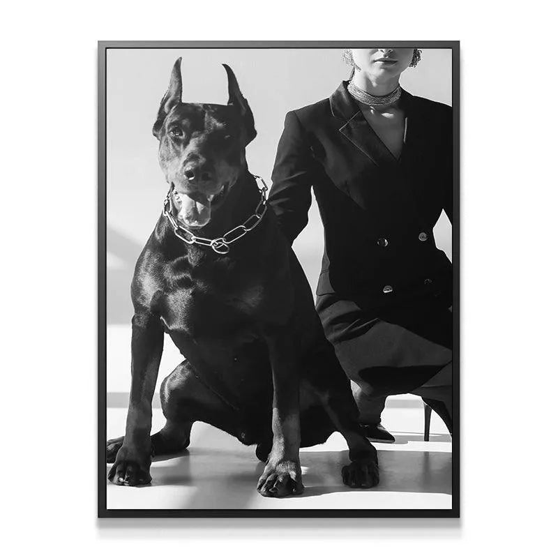 Intense close-up of Doberman's face and chain collar in this sophisticated Family Portrait