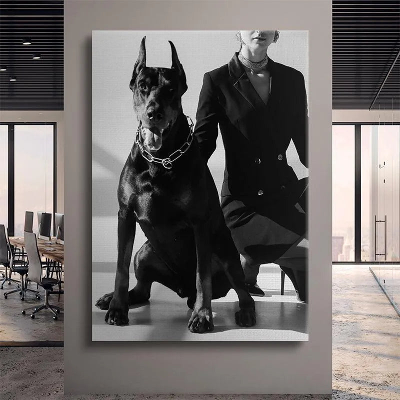 Low angle studio shot emphasizing the imposing stature of the dog in this bold Family Portrait