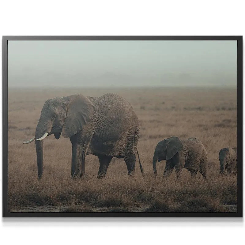 Wide-angle view of the Family Strolls group migrating across the atmospheric, misty savanna landscape.