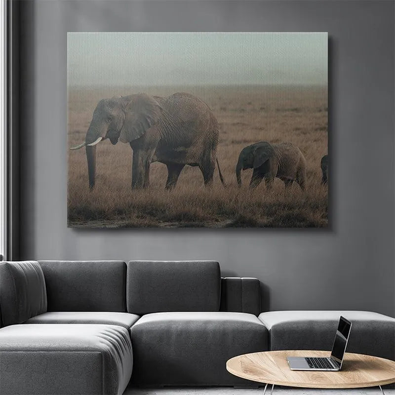 Sepia-toned image capturing the foggy, serene atmospheric conditions during the powerful elephant Family Strolls.