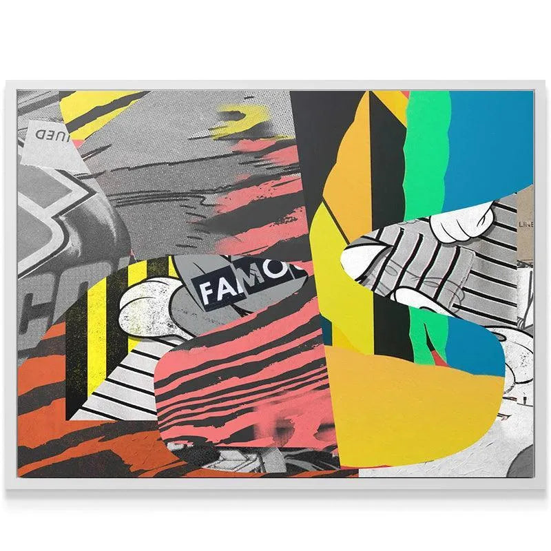 Angled shot of the abstract 'Famous' canvas highlighting the depth and vivid yellow and teal blocks