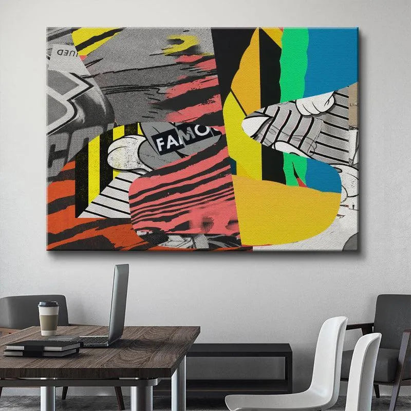 Detail of the striped black and coral distressed texture section of the 'Famous' print