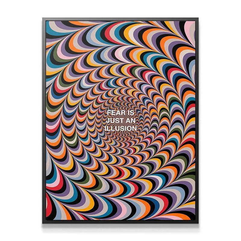 Full frontal view of the "Fear Is Just An Illusion" canvas print, emphasizing the hypnotic optical illusion design.