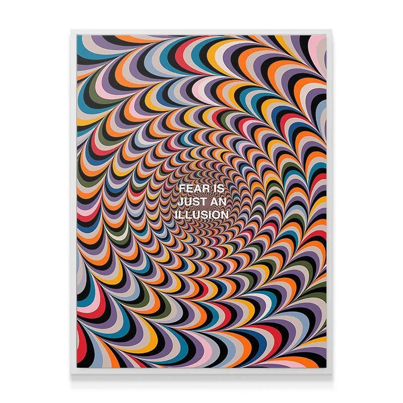 Lifestyle shot of the artwork "Fear Is Just An Illusion" hanging above a minimalist desk in a modern office setting.