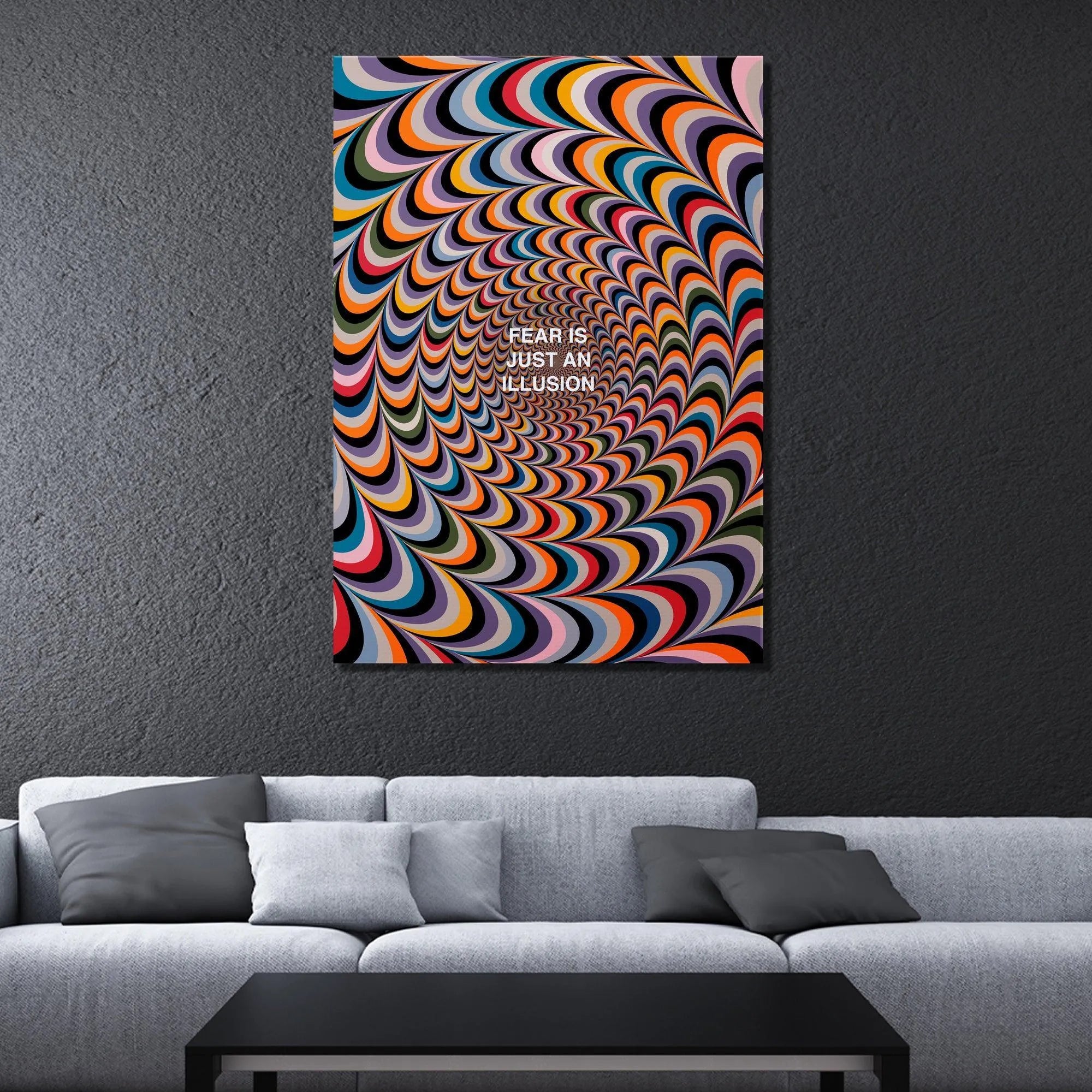 Angled shot of the vibrant psychedelic art print containing the text "Fear Is Just An Illusion" on a gallery wall.