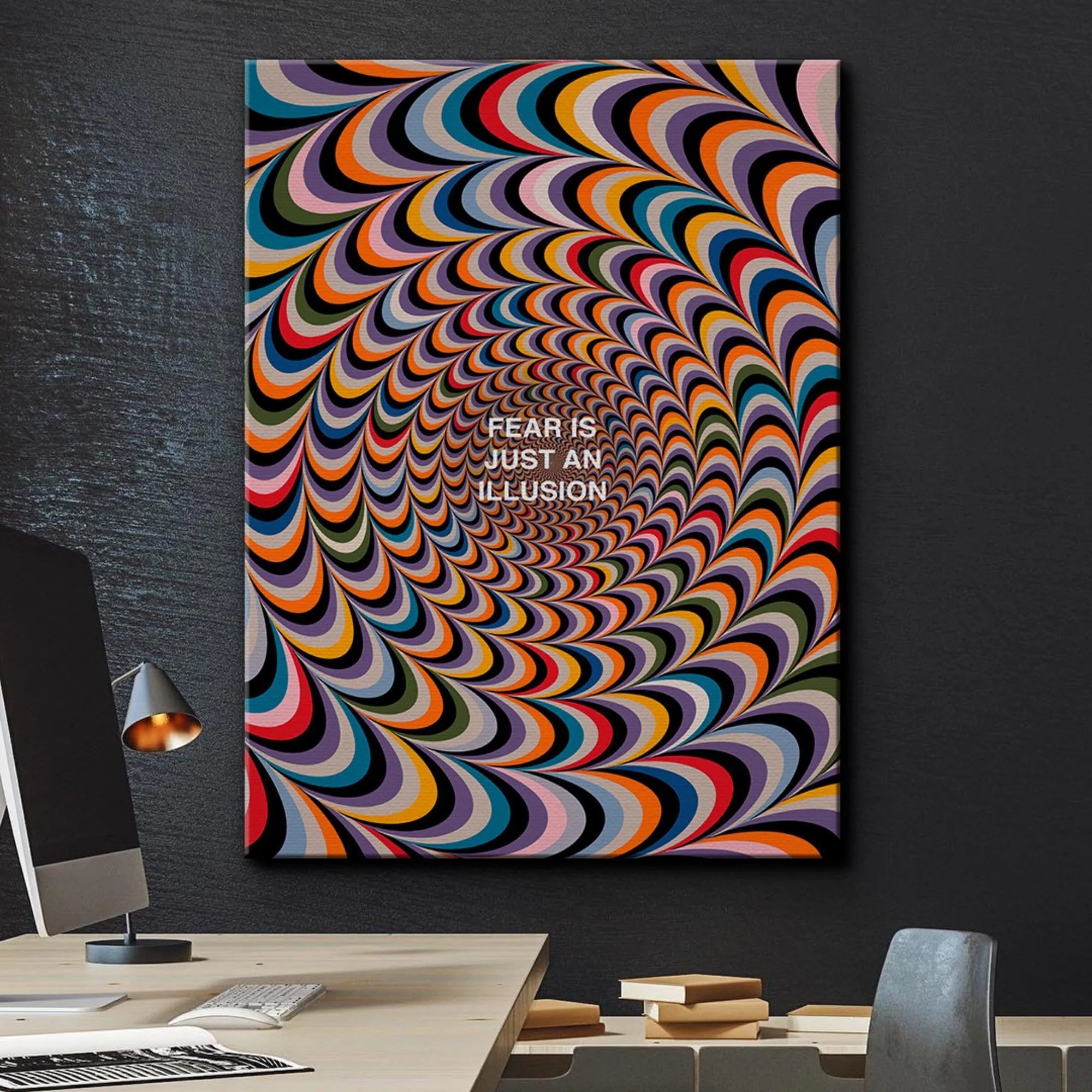 Detail of the central text "Fear Is Just An Illusion" surrounded by tightly wound, colorful, concentric wave patterns.