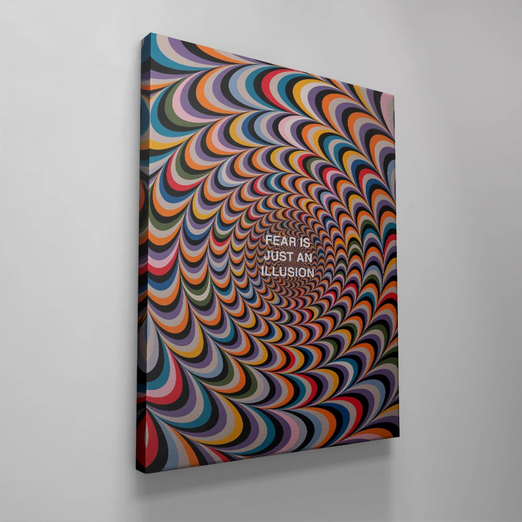 Abstract wall art featuring a wide view of the vibrant, swirling design and the quote "Fear Is Just An Illusion".
