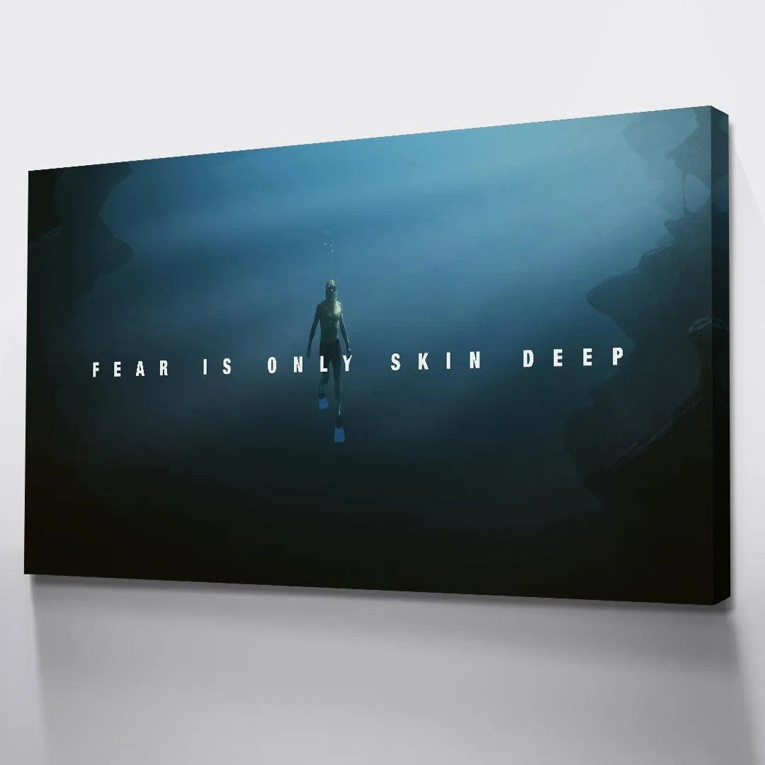 Panoramic aspect of the framed artwork 'Fear Is Only Skin Deep' showing dramatic contrast and scale