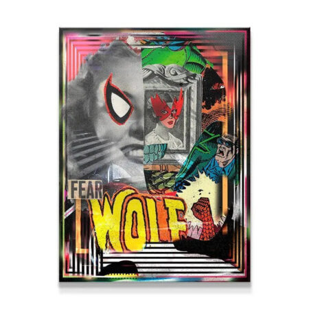 Full frontal view of the bold mixed media print 'Fear Wolf' featuring comic book style lettering.