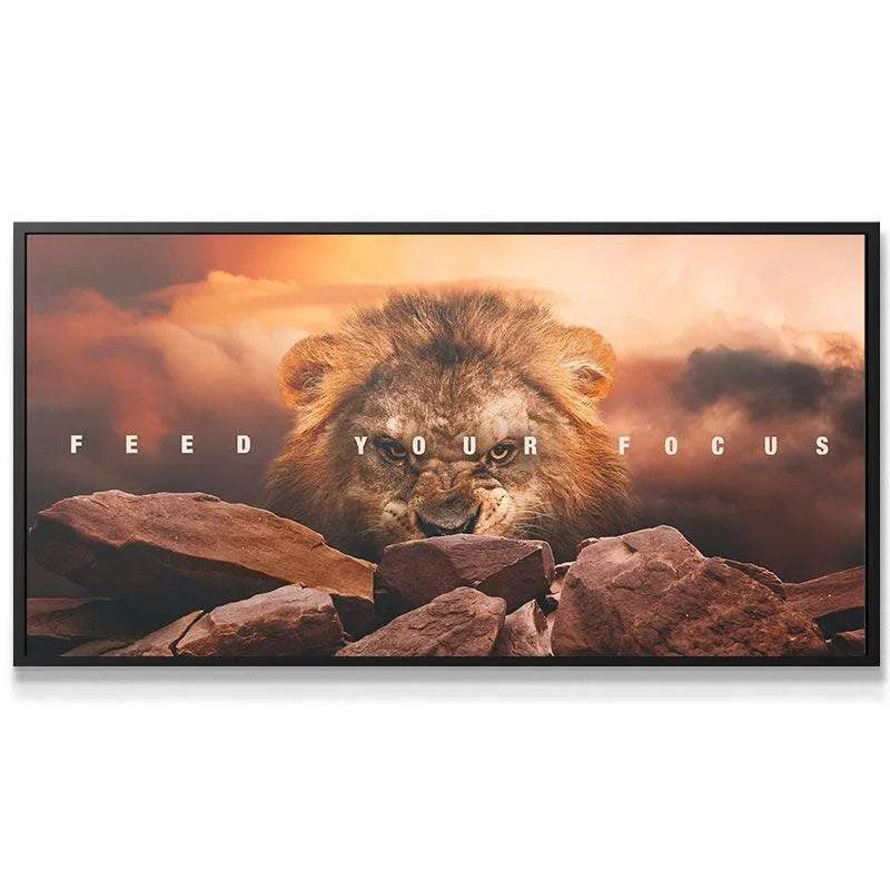 Full, panoramic wide shot of the 'Feed Your Focus' inspirational canvas art displayed on a light gray wall.