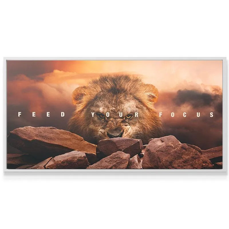 Detailed texture analysis of the canvas material showing the rugged rocks in the foreground of 'Feed Your Focus' artwork.