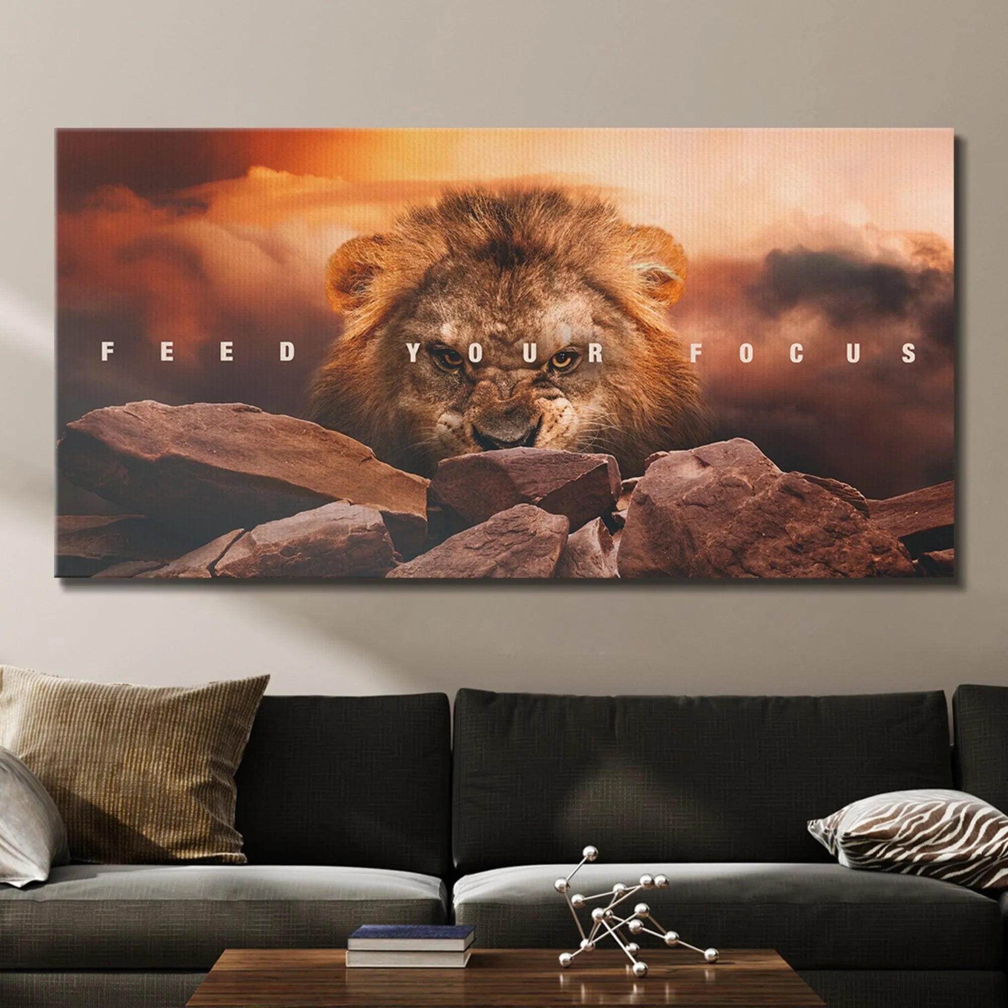 Dramatic sunset lighting highlighting the rich, golden mane on the intense 'Feed Your Focus' lion portrait.