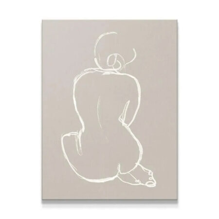 Full view of the 'Femme White' canvas showing the minimalist white line art on a warm beige background.