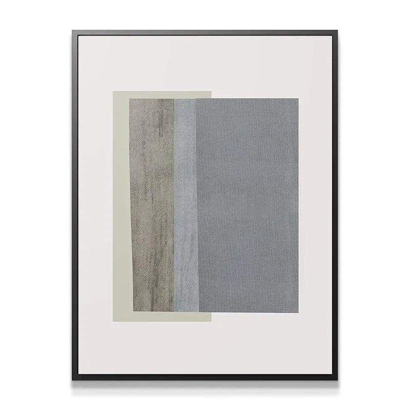 Field Blue abstract print displayed vertically in a modern, light-filled living room setting.