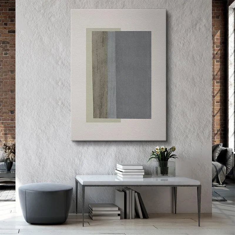 Muted palette of beige, sage, and cool grey defined in the Field Blue wall decor.