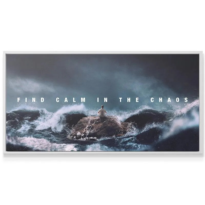 Dynamic white spray and dark blue water texture highlighting the volatility surrounding the subject, reminding viewers to Find Calm In The Chaos.