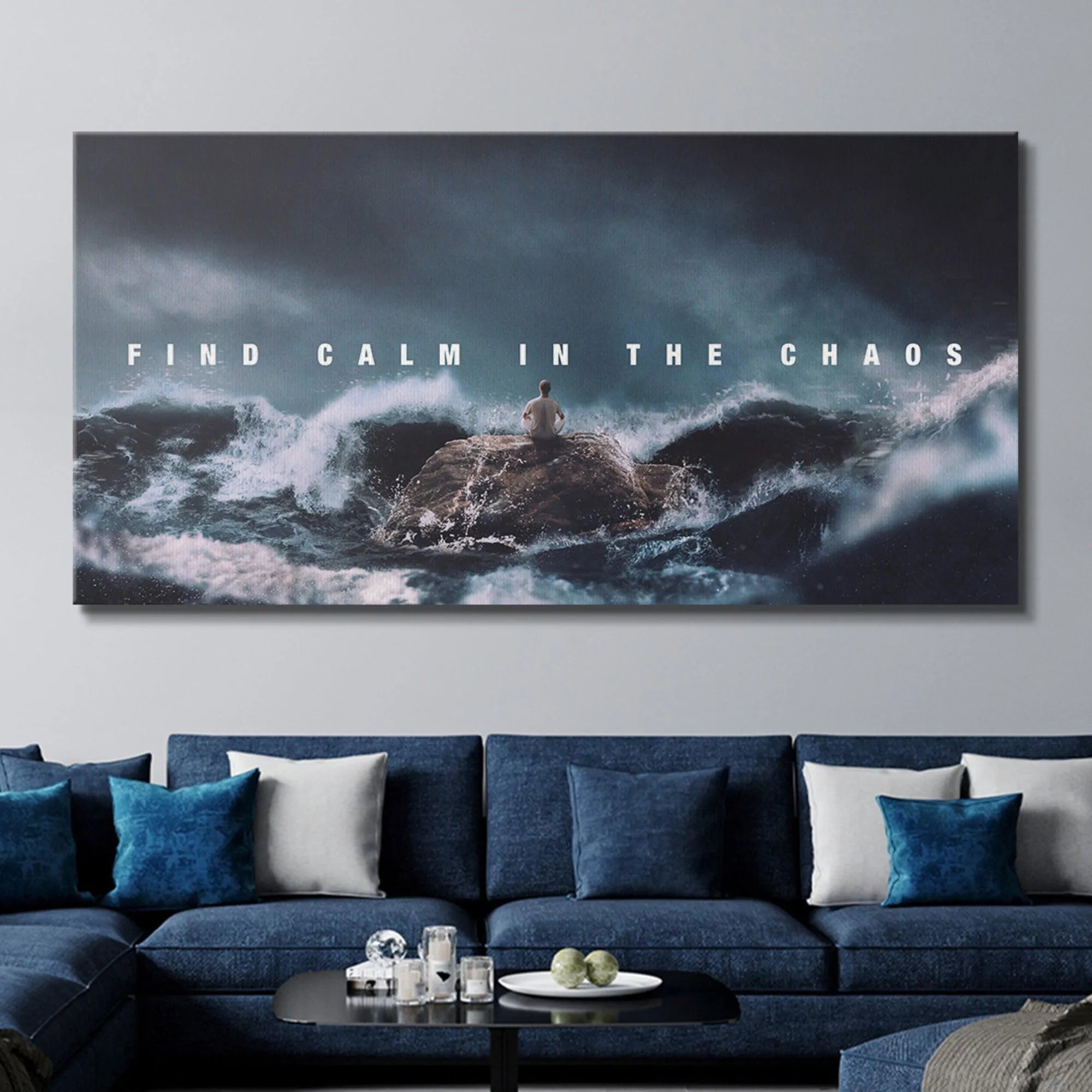 Moody blue, grey, and white color contrast utilized in the powerful scene to Find Calm In The Chaos.