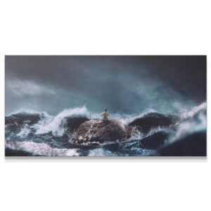 Find Calm In The Chaos (No Quote) Wall Art Find Calm In The Chaos (No Quote) wide landscape view of figure on rock surrounded by turbulent ocean waves.