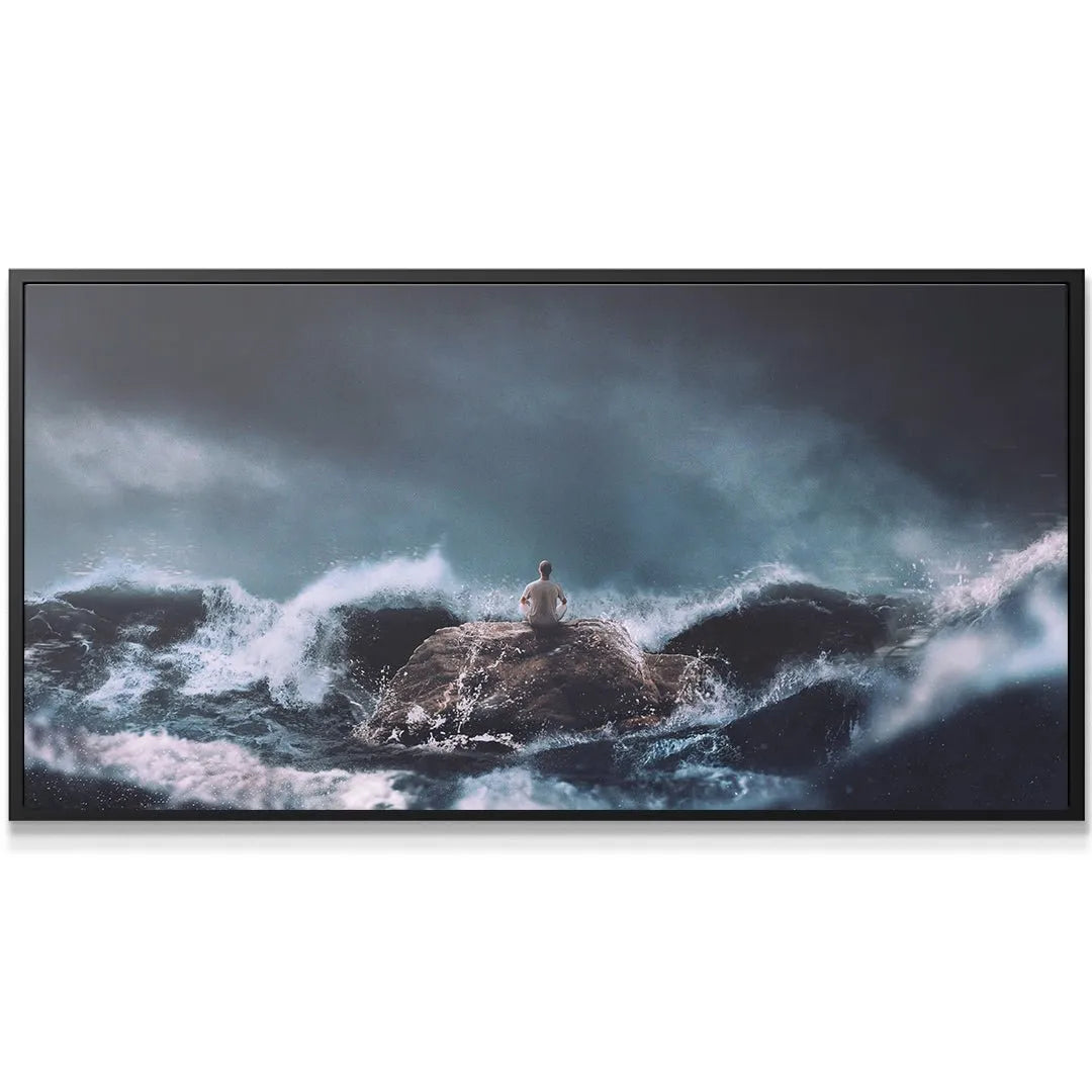 Detailed texture of crashing waves and sea foam surrounding the meditative figure, 'Find Calm In The Chaos (No Quote)' artwork.