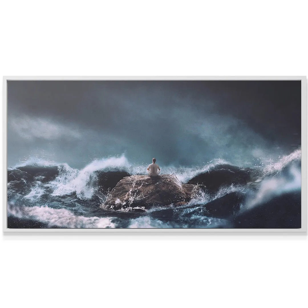 Dark, atmospheric sky above the seated person illustrating the moody ambiance of 'Find Calm In The Chaos (No Quote)'.