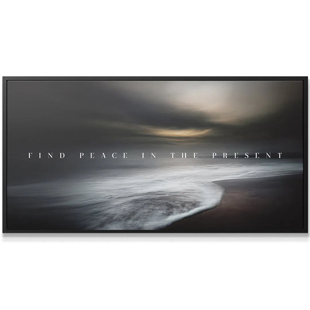 Close-up texture of the metal print showing the elegant white text 'Find Peace In The Present'.