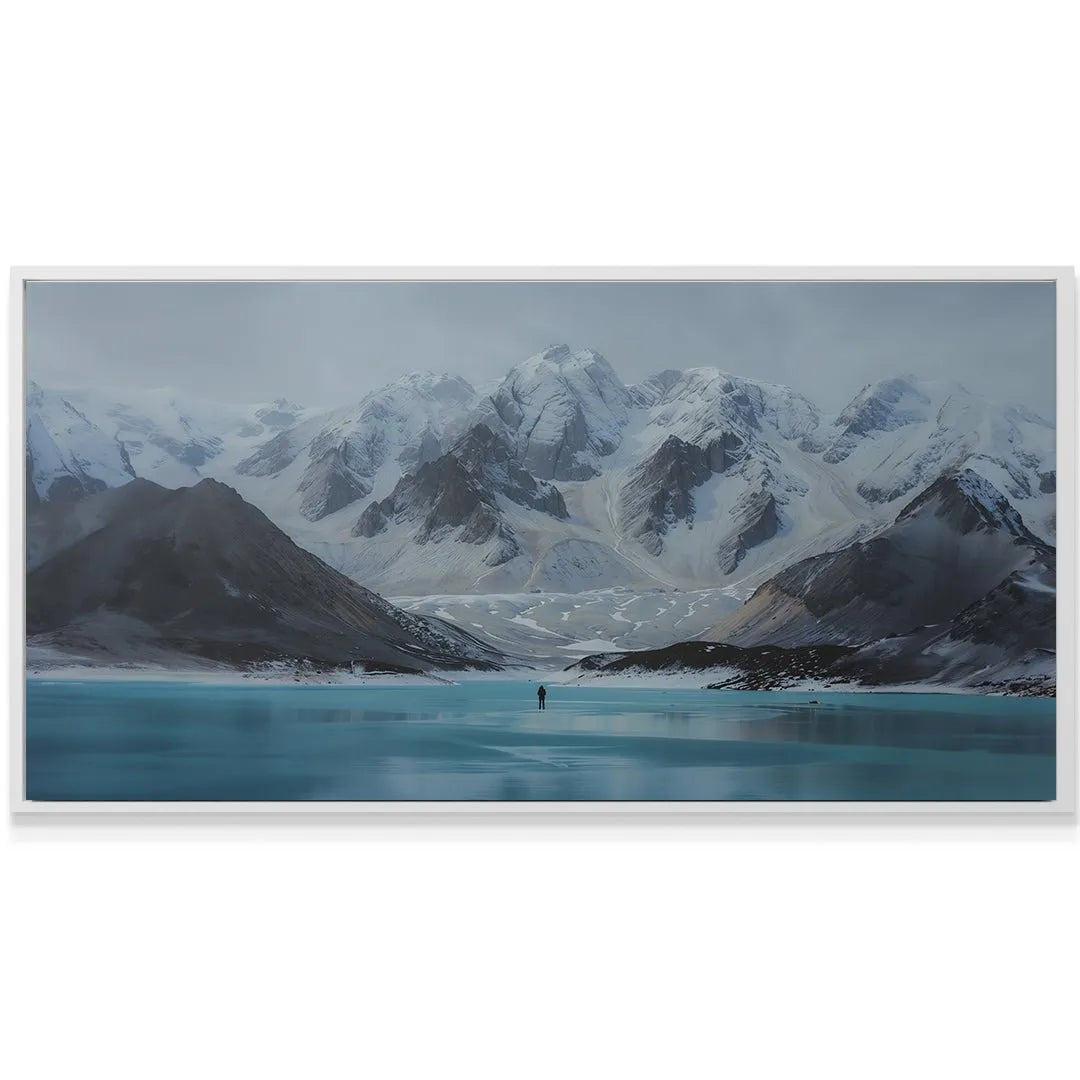 Landscape view highlighting the immense scale of the snow-capped peaks and valley in the Find Your Purpose (No Quote) artwork.