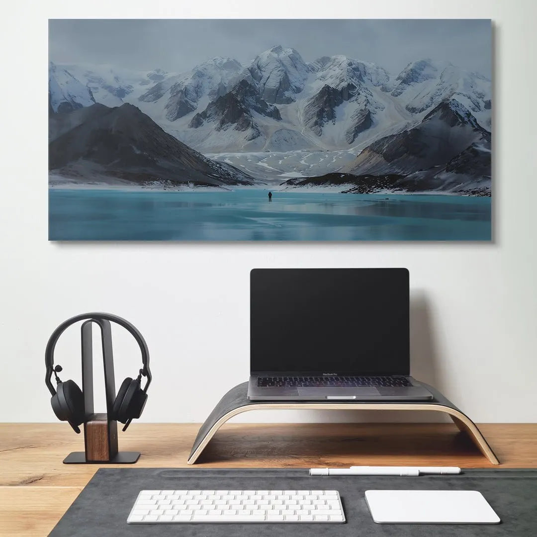 Detail focusing on the intense turquoise texture and reflections on the frozen lake surface in Find Your Purpose (No Quote) wall decor.