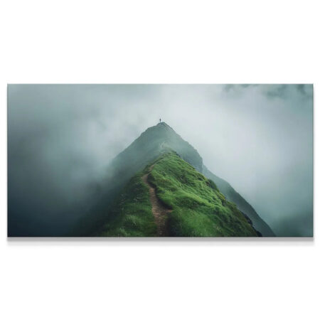 Full panoramic view of the steep, grassy ridge ending at the peak in 'Finish The Climb (No Quote)'