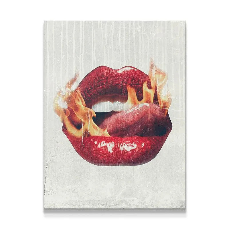 Close-up detail of the glossy red texture of the Fire Lips canvas print.