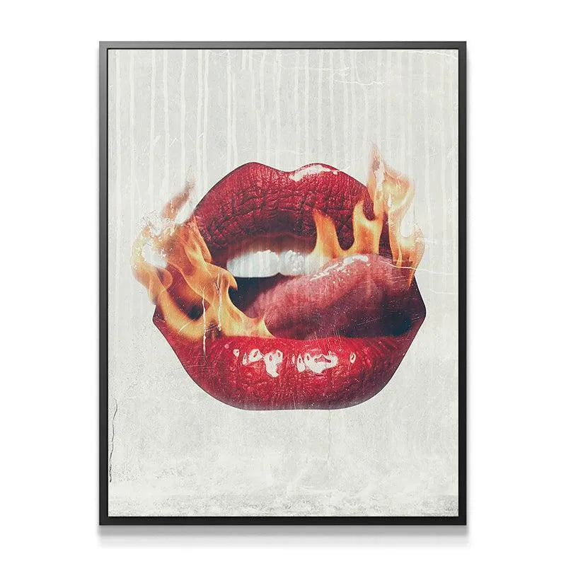 Full view of the 'Fire Lips' pop art canvas centered on a stark white wall.