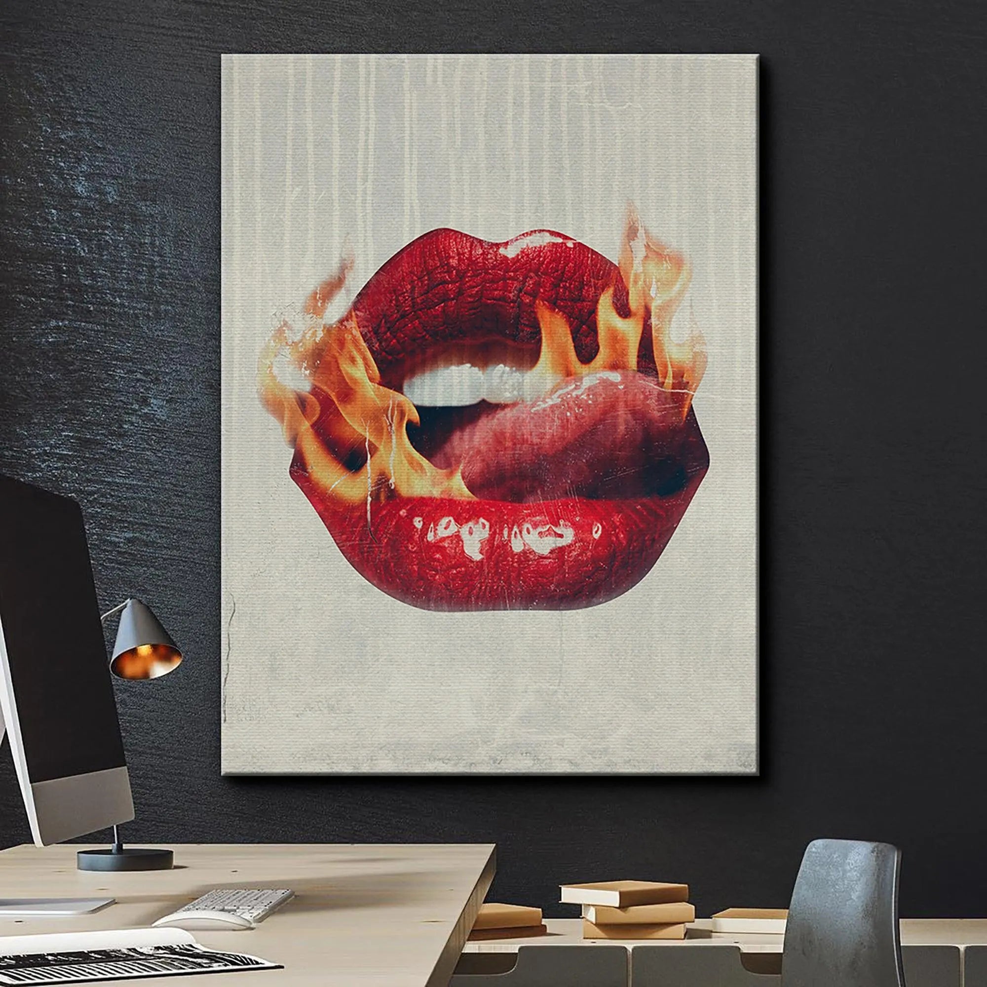 Lifestyle image featuring the iconic 'Fire Lips' art hanging above a modern sofa.