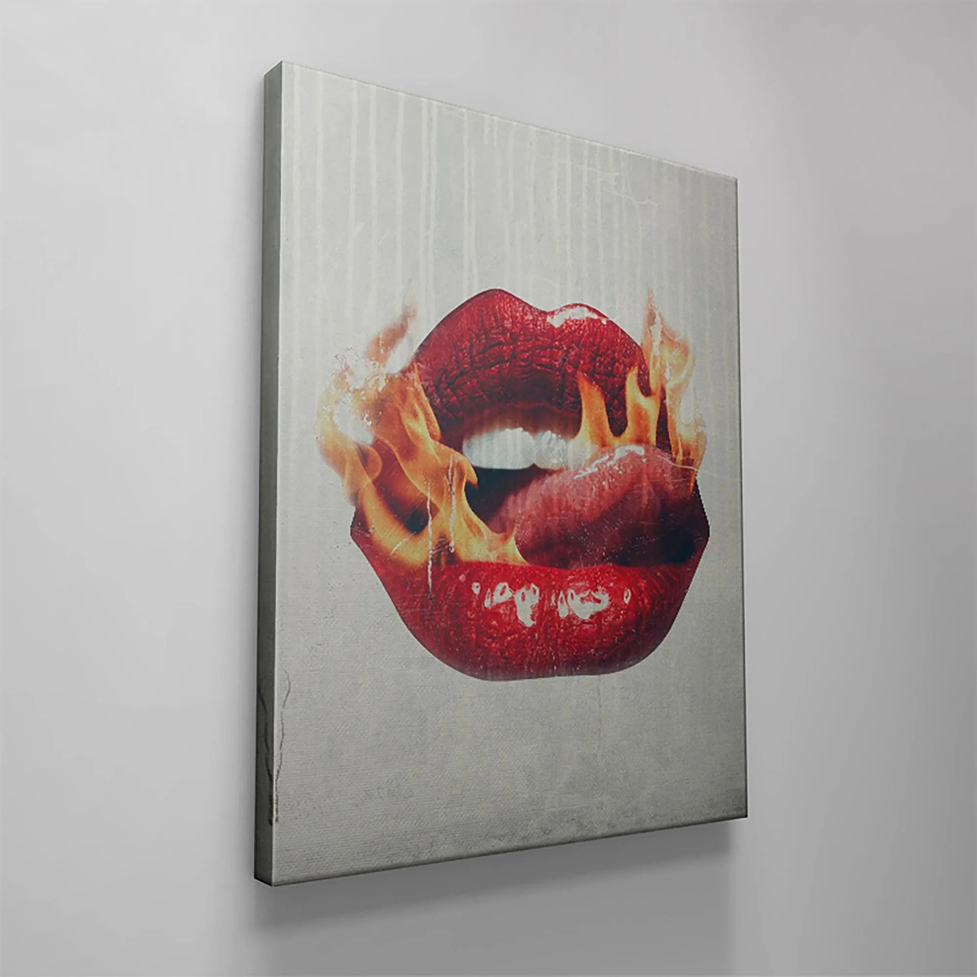 The grungy, distressed white background texture contrasting with the smooth Fire Lips.