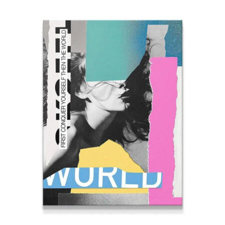 Close-up texture shot of the vibrant pink and teal paper collage 'First Conquer Yourself Then The World' print.