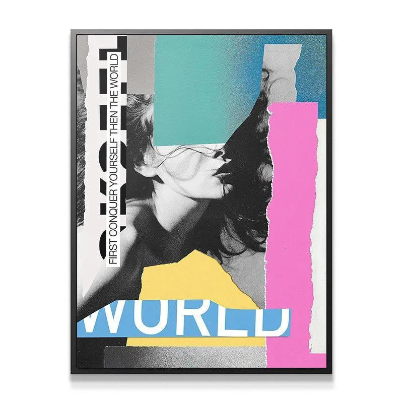 Motivational wall art angled view showing the black and white woman's profile in the 'First Conquer Yourself Then The World' design.