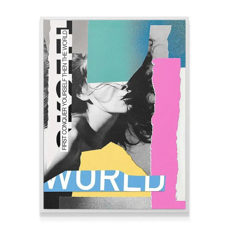 Full frontal studio shot of the abstract graphic poster 'First Conquer Yourself Then The World' on white background.