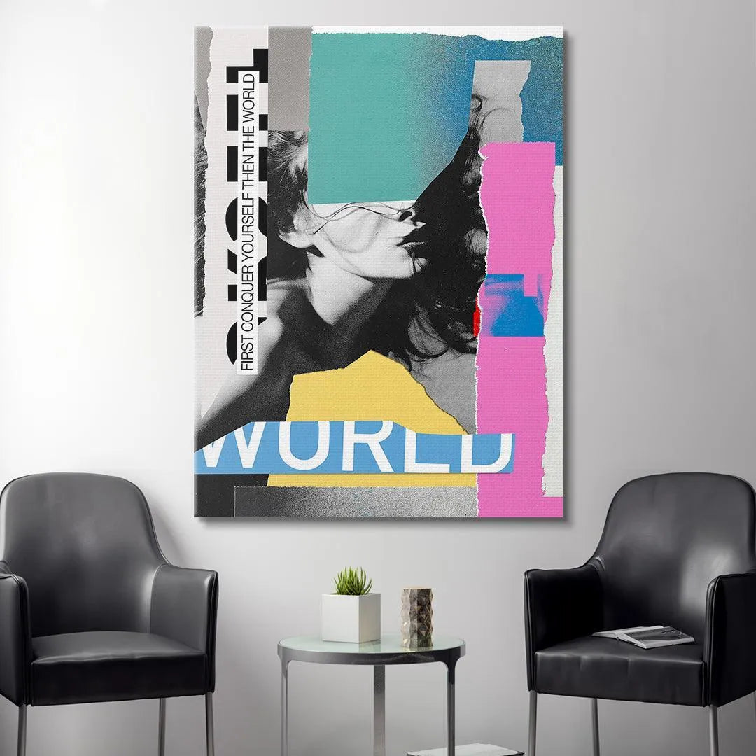 Lifestyle mock-up of the 'First Conquer Yourself Then The World' canvas hanging in a modern, minimalist office space.