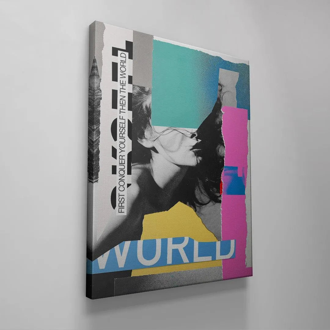 High-resolution artistic print emphasizing the contrast between the yellow paper tear and the text 'First Conquer Yourself Then The World'.