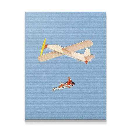 Full view of 'Flight Paths' art print showing the model airplane and skydiver on blue textured canvas.