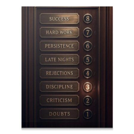 Full overhead view of the bronze and dark wood 'Floors To Success or Success Elevator' motivational wall art.
