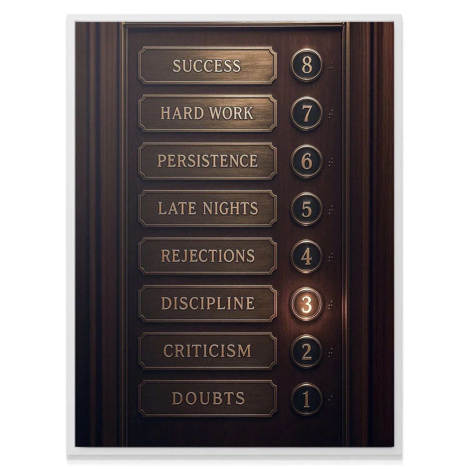 Detailed texture shot showing the brushed metal plaques for Persistence and Hard Work on the 'Floors To Success or Success Elevator'.