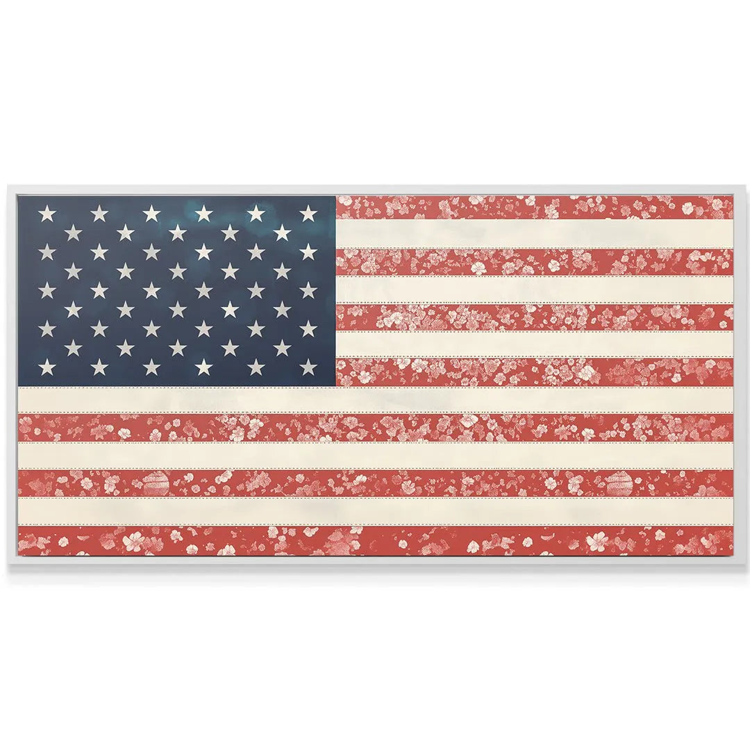 Distressed blue canton area with white stars featured on the unique Floral USA Flag canvas print.