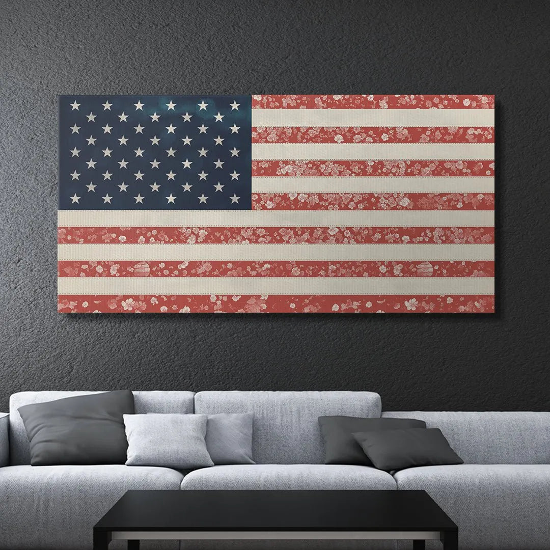 Lifestyle image of the Rustic Floral USA Flag hanging above a mantlepiece in a farmhouse setting.