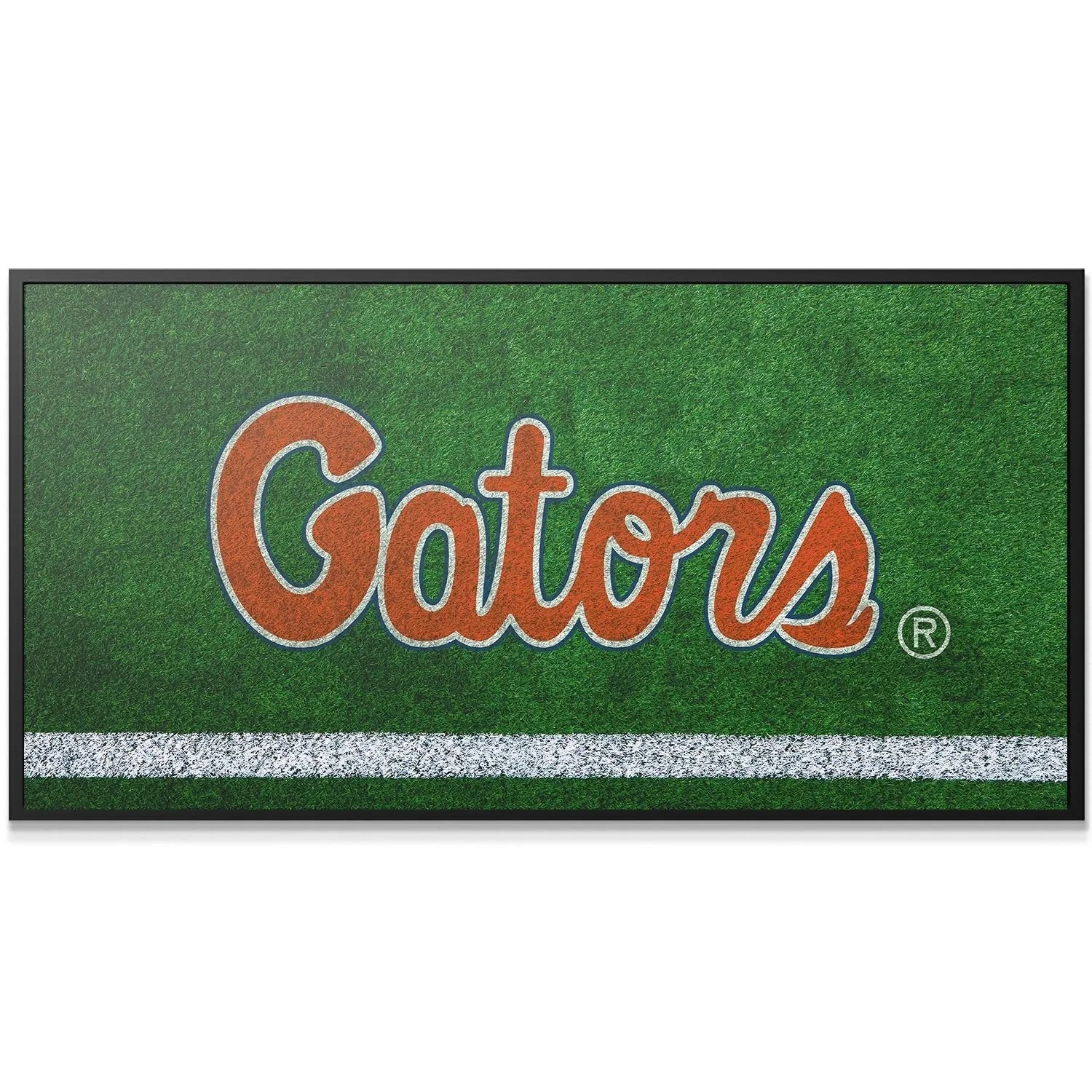 High-angle view of the vibrant orange and blue 'Gators' script Florida - Field Logo on artificial grass.
