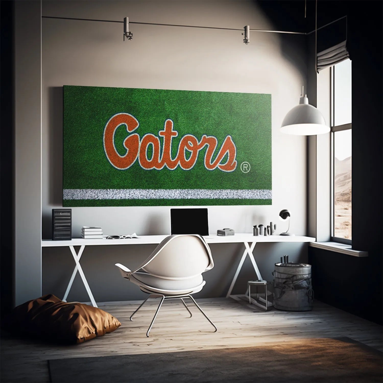 Detailed shot focusing on the chalk-like white outline of the 'Gators' lettering in the Florida - Field Logo.