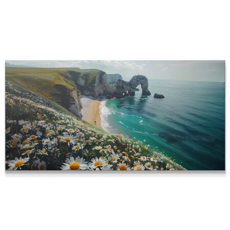 Wide view of the dramatic seaside cliffs and turquoise waters featured in the Flower Coast canvas print.